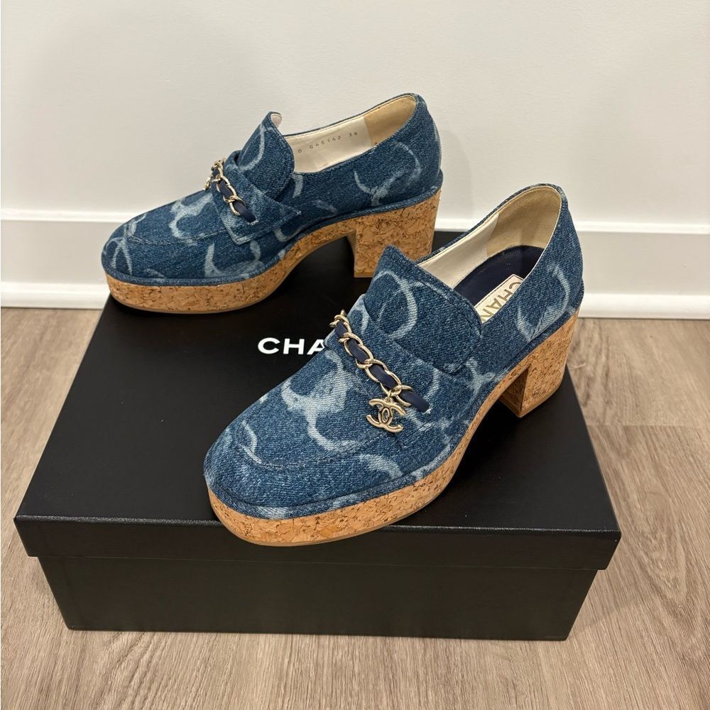 Chanel Denim Cork Loafer Denim Shoes Platform